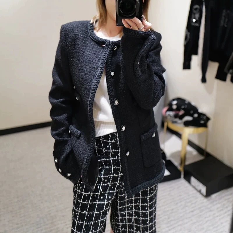 Autumn and winter new coat women's crew neck long sleeve four pockets wool blend classic black tweed top
