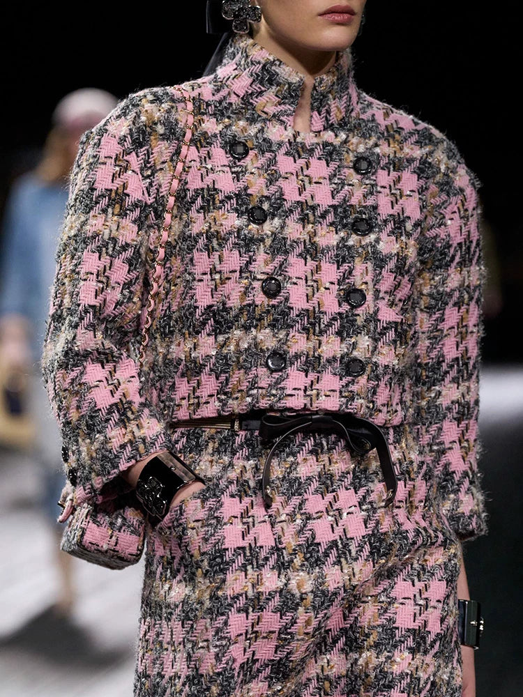 Autumn and winter new jackets, women's stand-up collar skirts, wool knitted tweed pink plaid suits, celebrity women's clothing