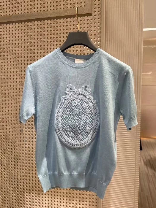 Spring and summer 26ss June, Nanyou haute couture 26 spring and summer new heavy industry three-dimensional embroidery short-sleeved T-shirt round neck versatile and thin top women