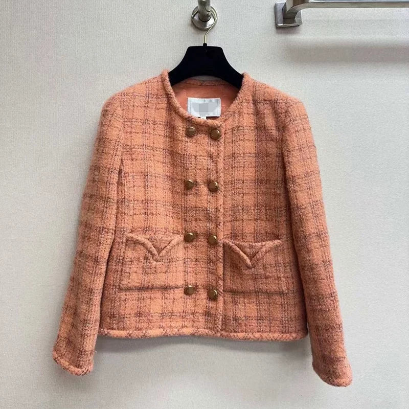 Early autumn new orange plaid jacket skirt female retro celebrity temperament high-end wool tweed suit