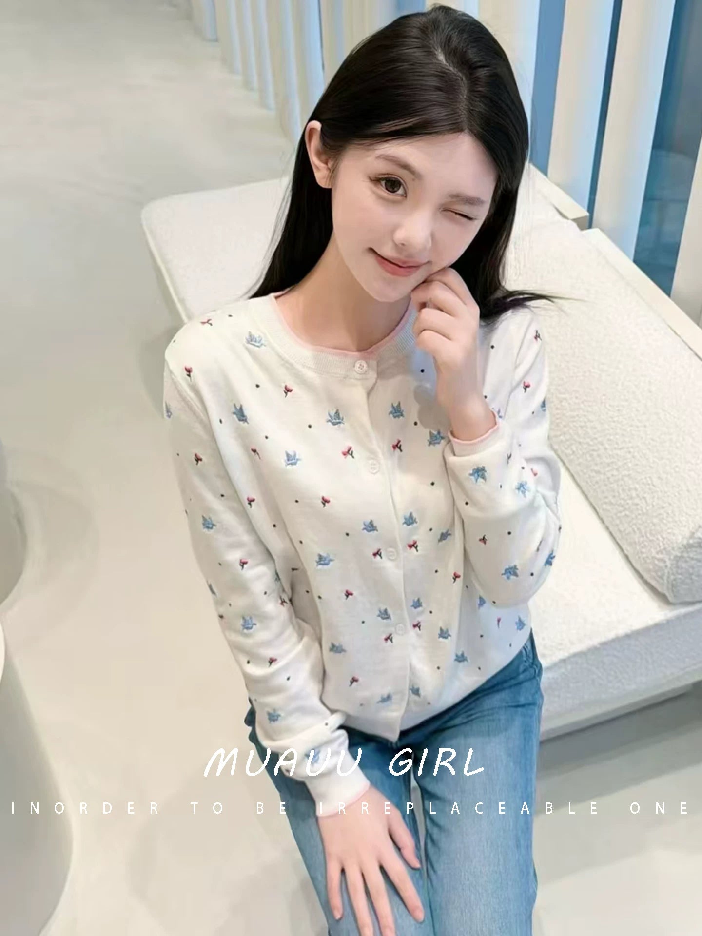 Spring and summer 26ss June MUAUU GIRL soft cute girl! 26SS Heavy Industry letter small floral embroidery long-sleeved knitted cardigan top
