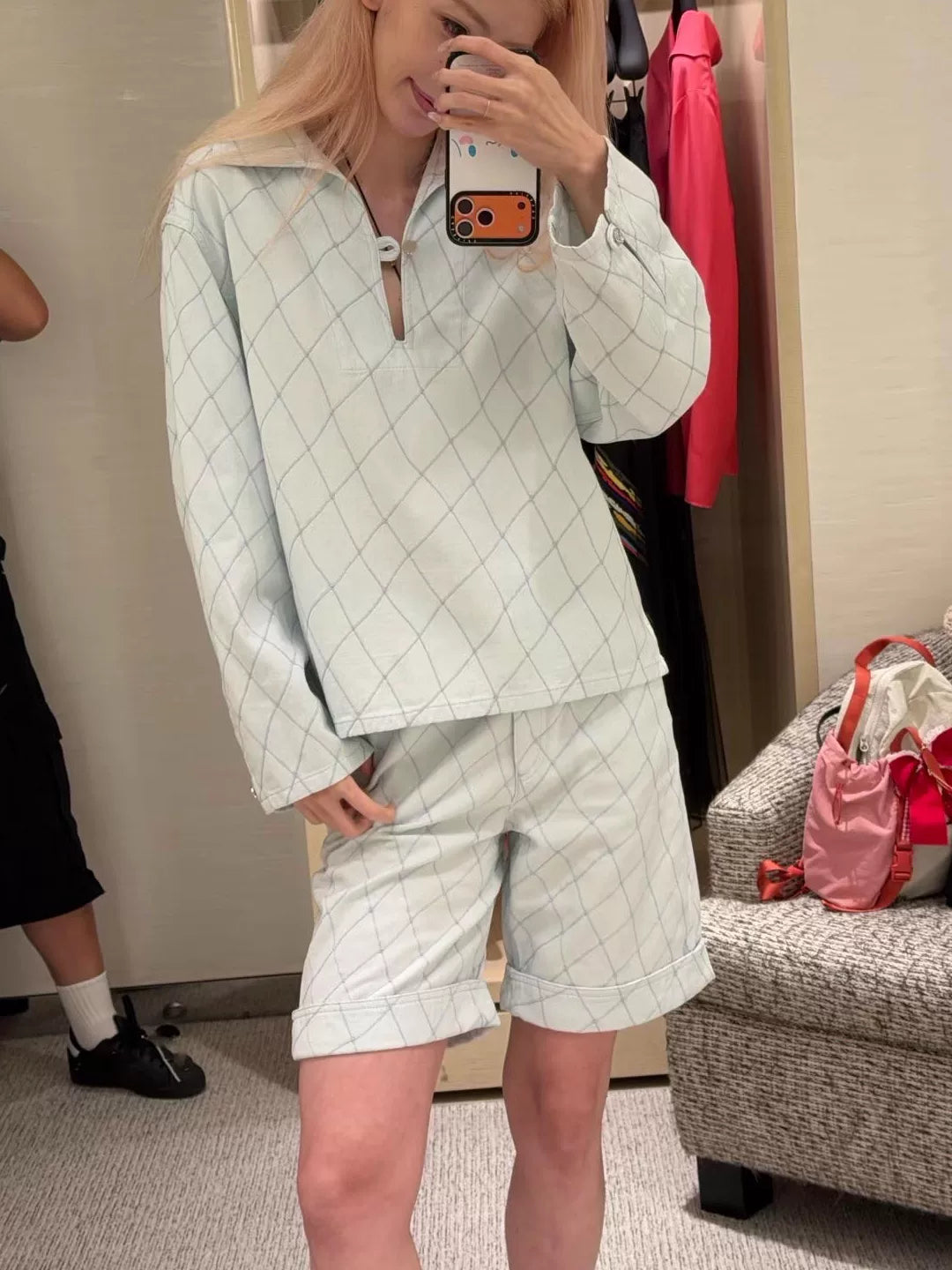 Spring, summer 26ss June, Nanyou summer new island beach embroidered rhombus lapel denim jacket + suspender skirt + trousers + shorts