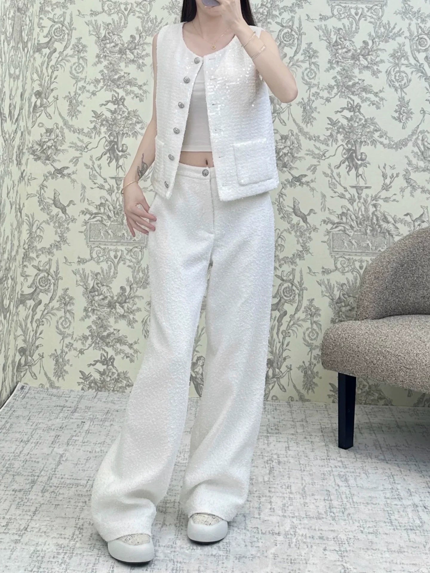Tank top, thin sequined vest, fashionable foreign style fashion suit, summer straight wide-leg pants, a versatile set of femininity