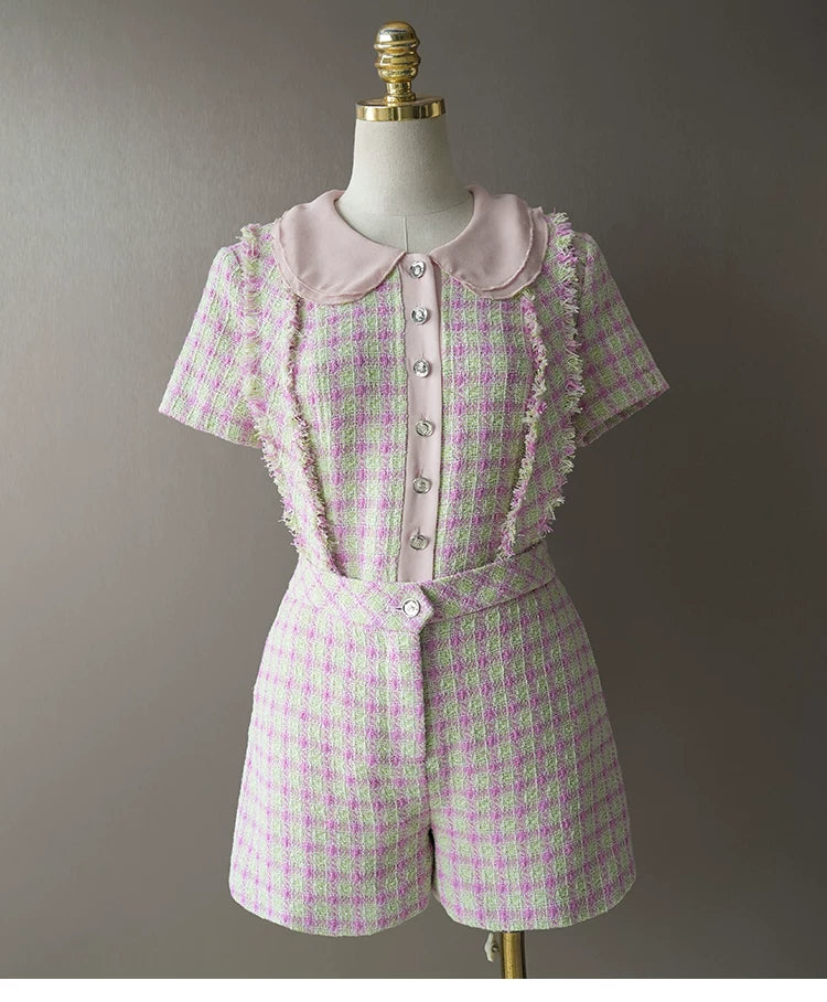 Summer new celebrity suit overalls shorts shirt pink grid wool tweed temperament two-piece women's clothing