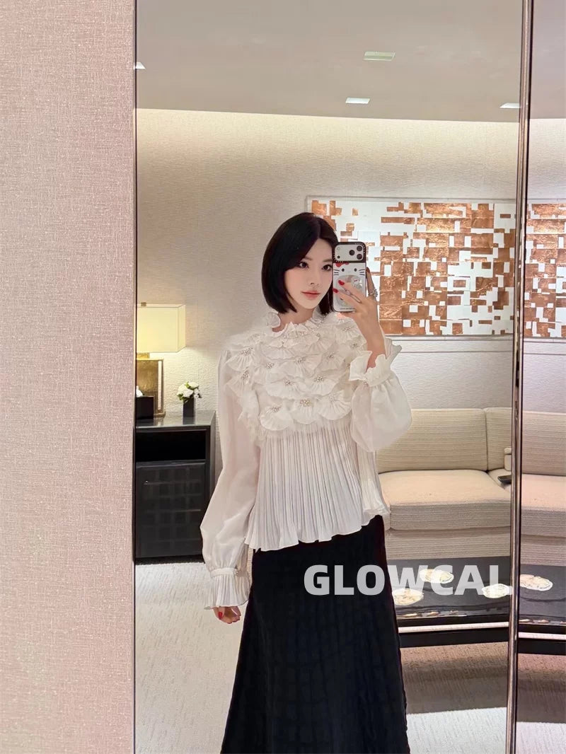 Spring and summer 26ss June 26 Spring and summer mulberry silk pearl embellished lace handmade workshop series heavy industry pleated three-dimensional fan design shirt