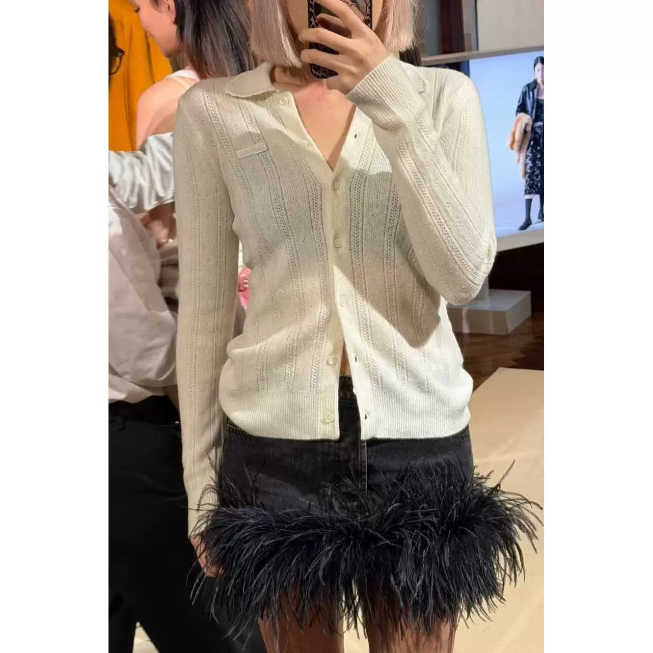 2025 autumn and winter college style letter embroidery polo collar slim and thin single-breasted cashmere knitted long-sleeved cardigan women