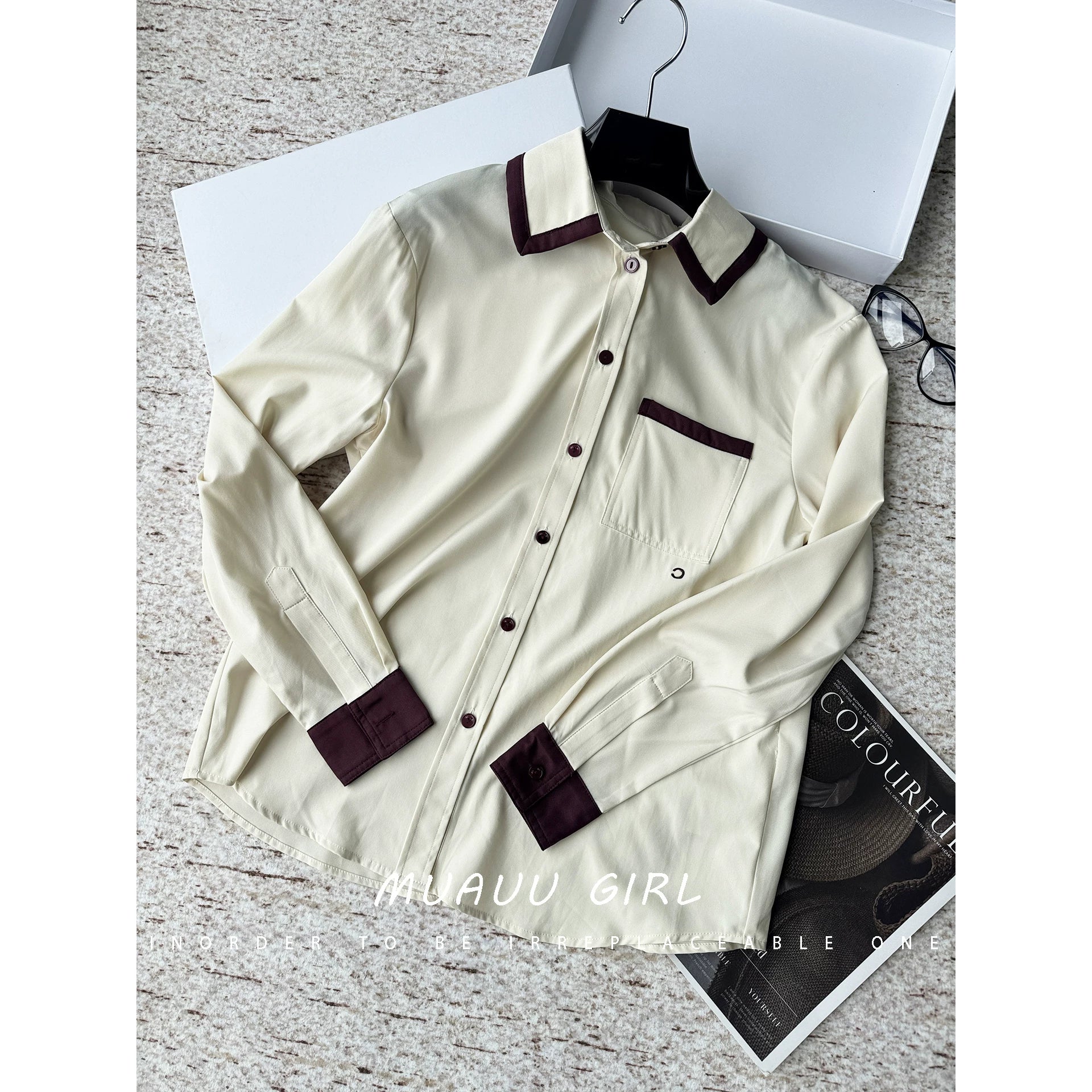 Spring and summer 26ss June MUAUU GIRL Senior Sister Gao Zhi! 26SS commuter style retro contrasting color lapel pocket long-sleeved shirt/vest