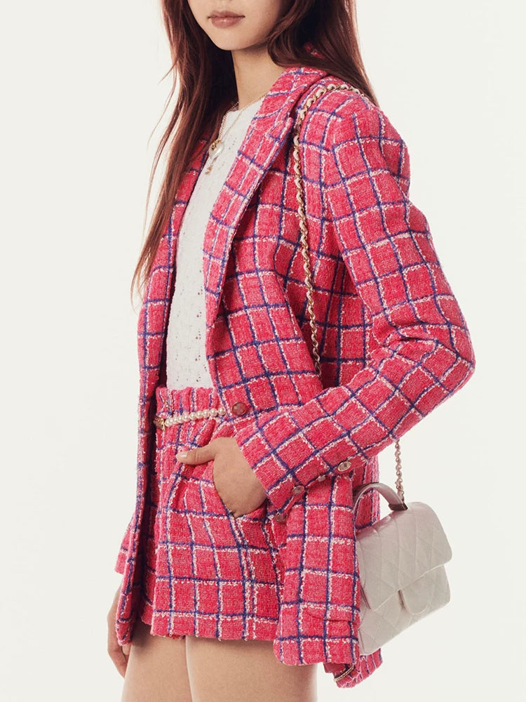 Spring new blazer shorts, pink plaid tweed top, pants, high-end celebrity temperament