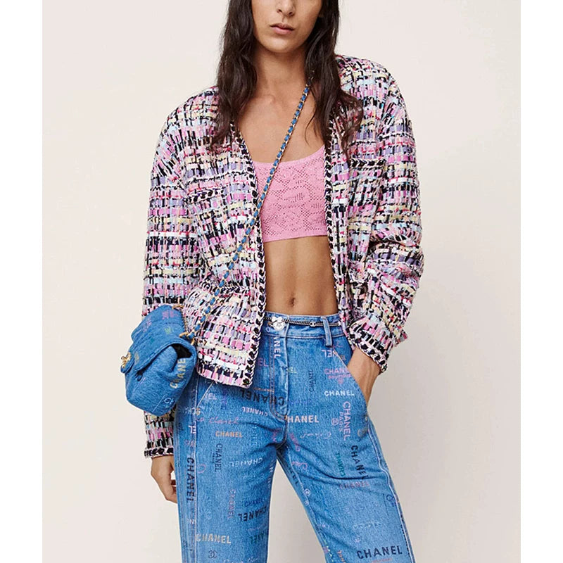 Early spring new Liu Wen same wool tweed short coat women's pink plaid striped woven top