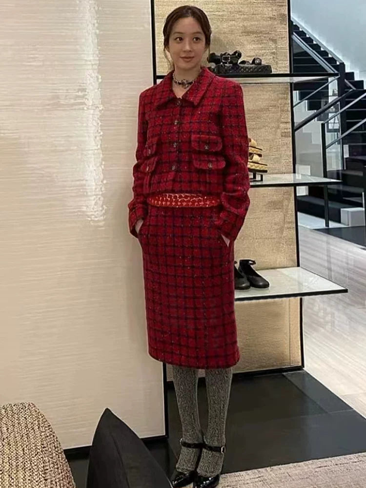Red plaid set women's coat skirt 25 autumn and winter new wool thickened coarse tweed two-piece set