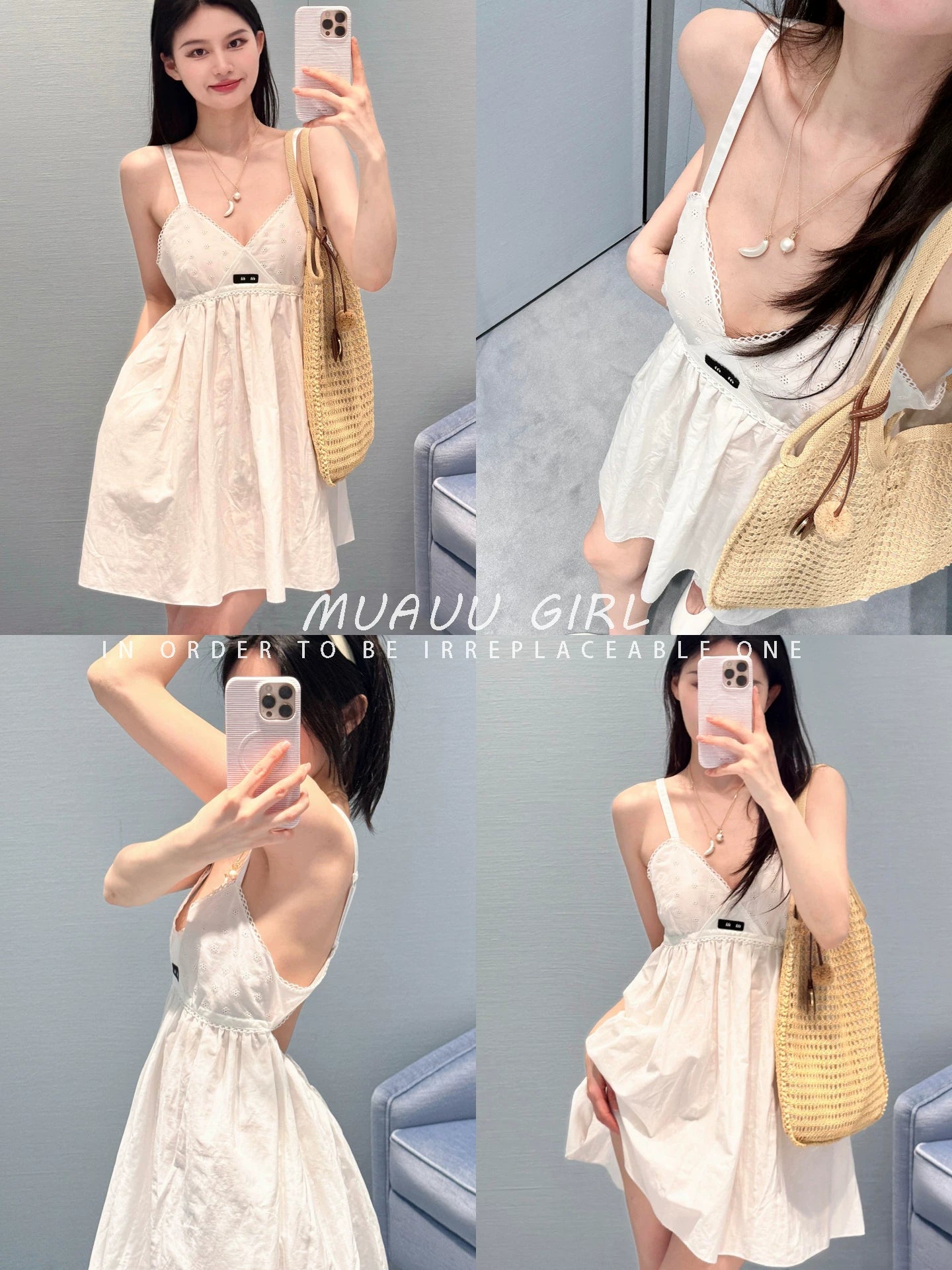 Spring and summer 26ss June MUAUU GIRL film fairy! 26SS girly poplin crochet hollow embroidery suspender dress woman