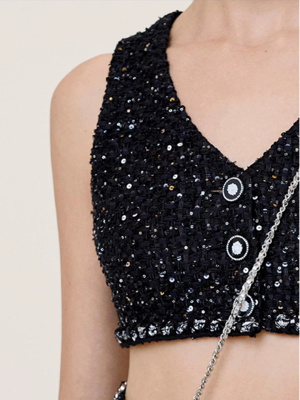 Sequin suit, vest, skirt, autumn French stacked top, black tweed two-piece set