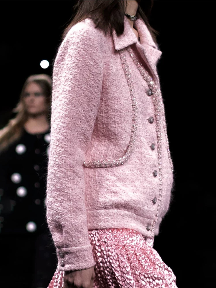 Celebrity wool tweed pink tweed coat women's suit collar high-end jacket top women's clothing autumn and winter