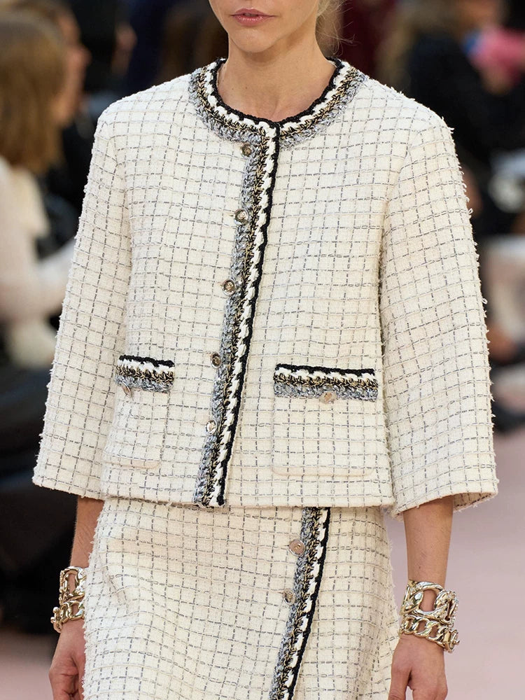 Spring and summer new celebrity suit jacket seven-quarter sleeve cape skirt wool tweed woven two-piece set