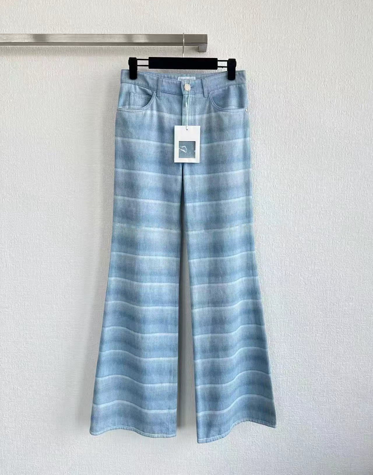 2025 autumn and winter fashion foreign style washed blue and white striped single-breasted cardigan jacket high waist straight wide-leg pants