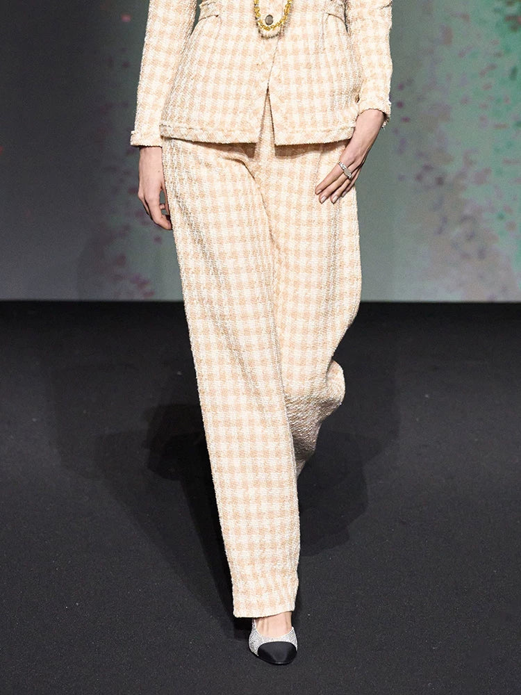 New plaid jacket straight-leg pants celebrity style high-end wool tweed suit two-piece set