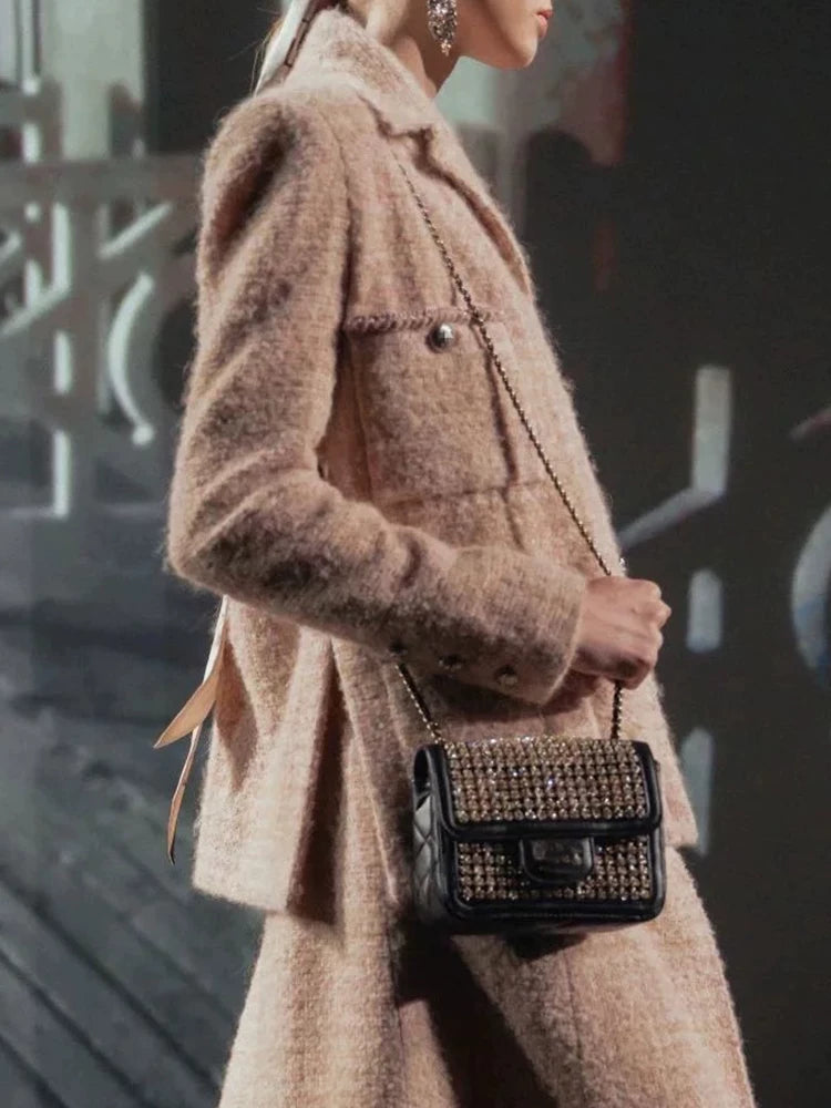 Autumn and winter haute couture coat women's light pink dark compartment four pockets tweed jacket skirt socialite temperament suit