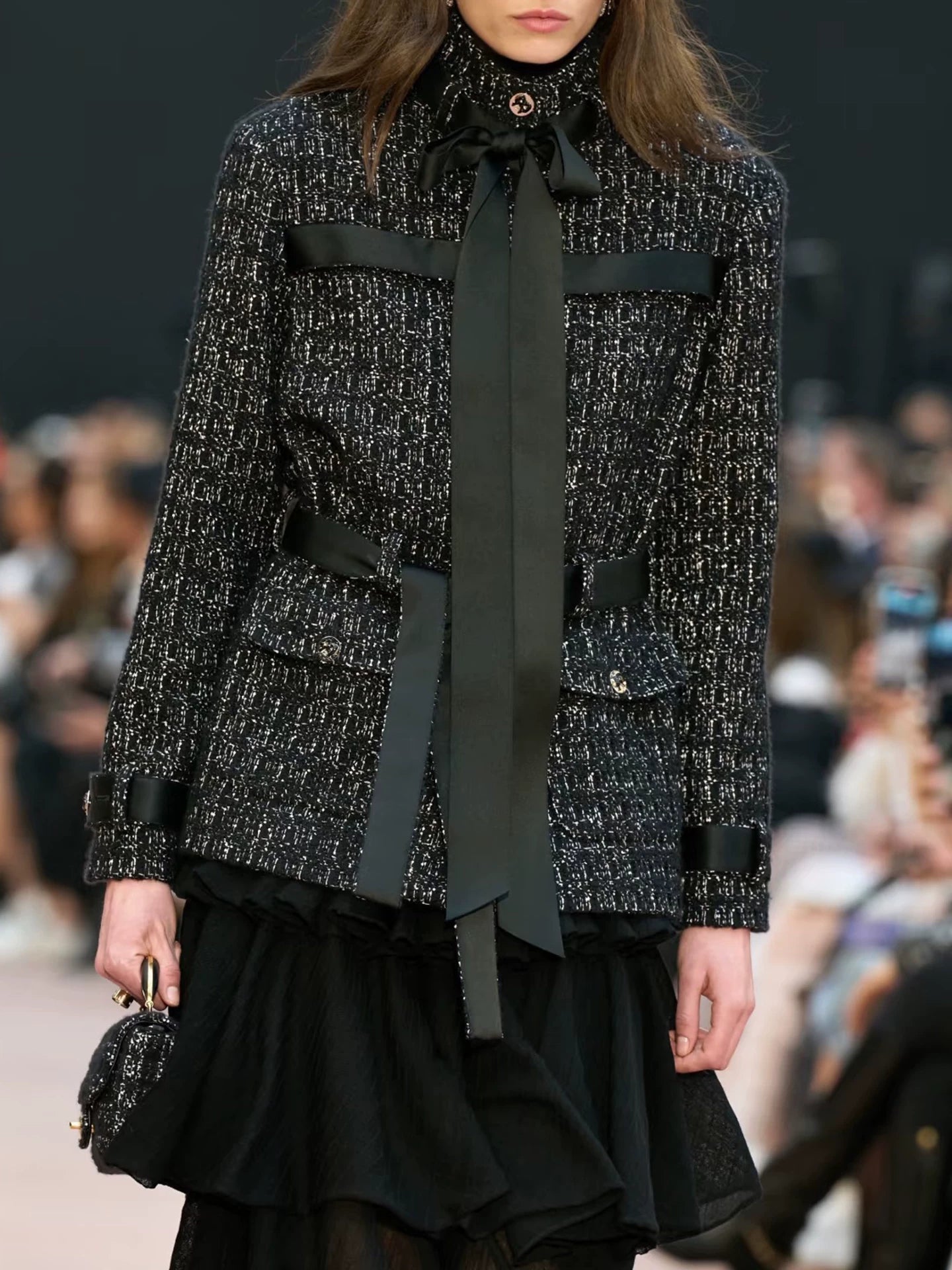 Black tweed stand-up collar jacket women's medium and long ribbon collar waist lady coat new for autumn and winter