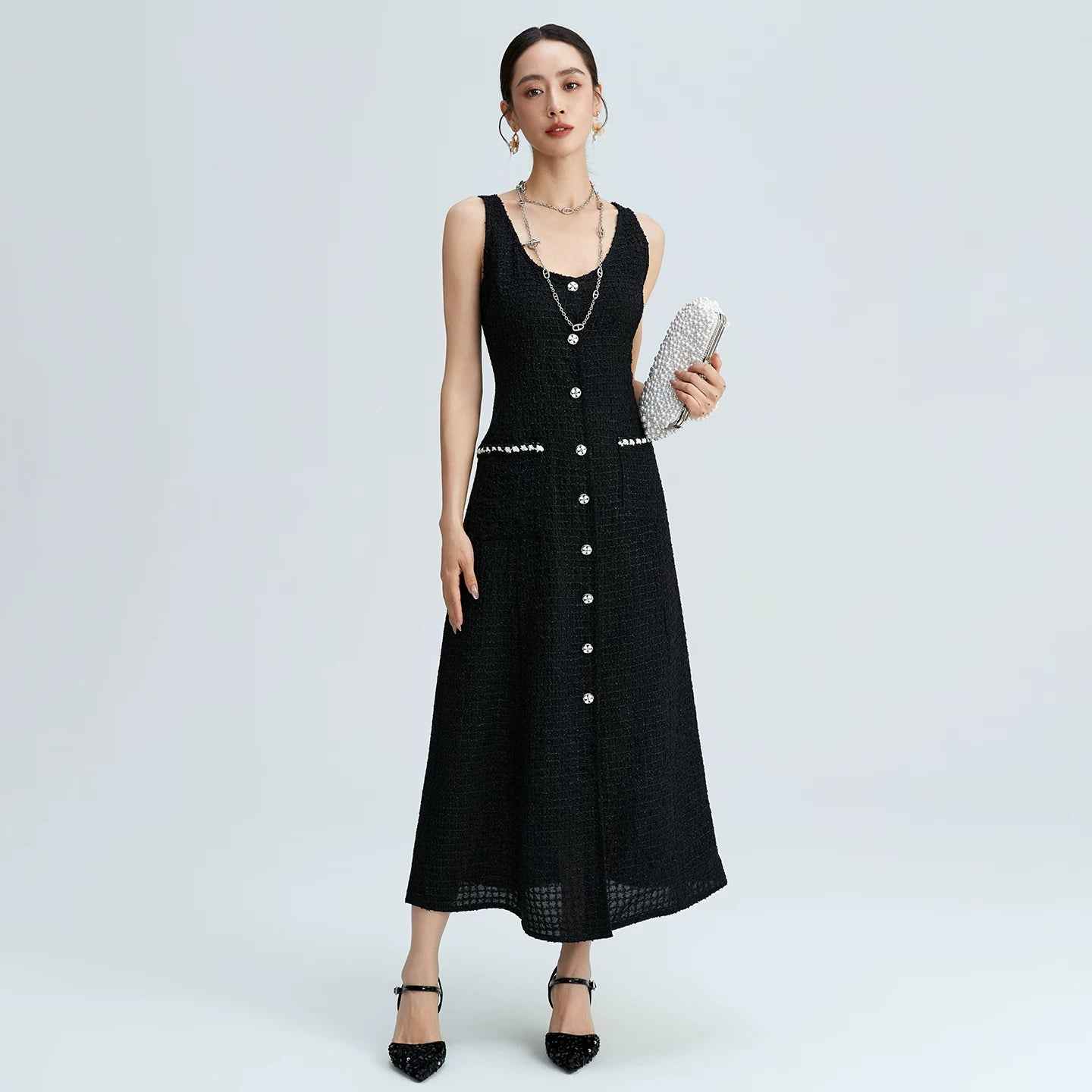 Dress women light luxury high sense star same temperament socialite waist thin silk small black dress