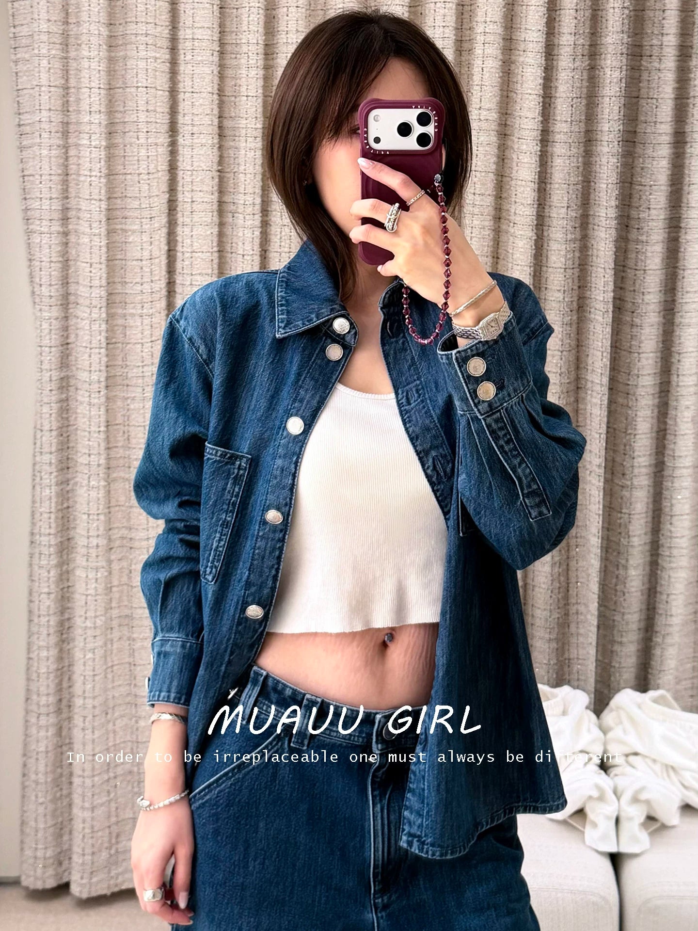 Spring and summer 26ss June MUAUU GIRL 3.25/star with the same 26S heavy original beef washed summer tooling shirt denim jacket