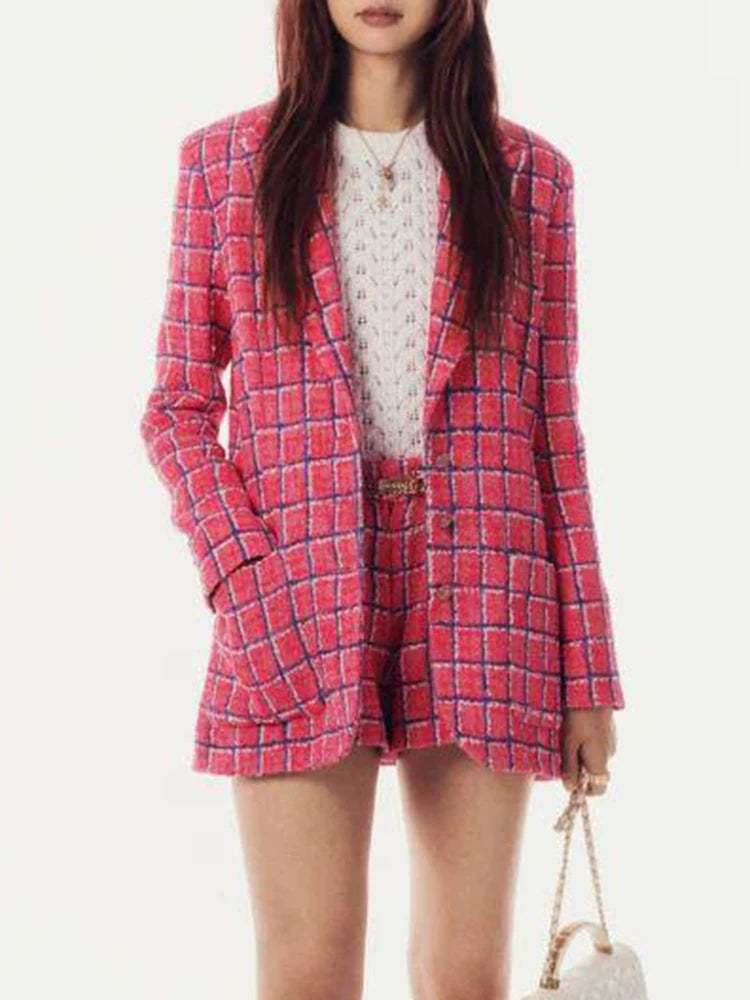 Spring new blazer shorts, pink plaid tweed top, pants, high-end celebrity temperament