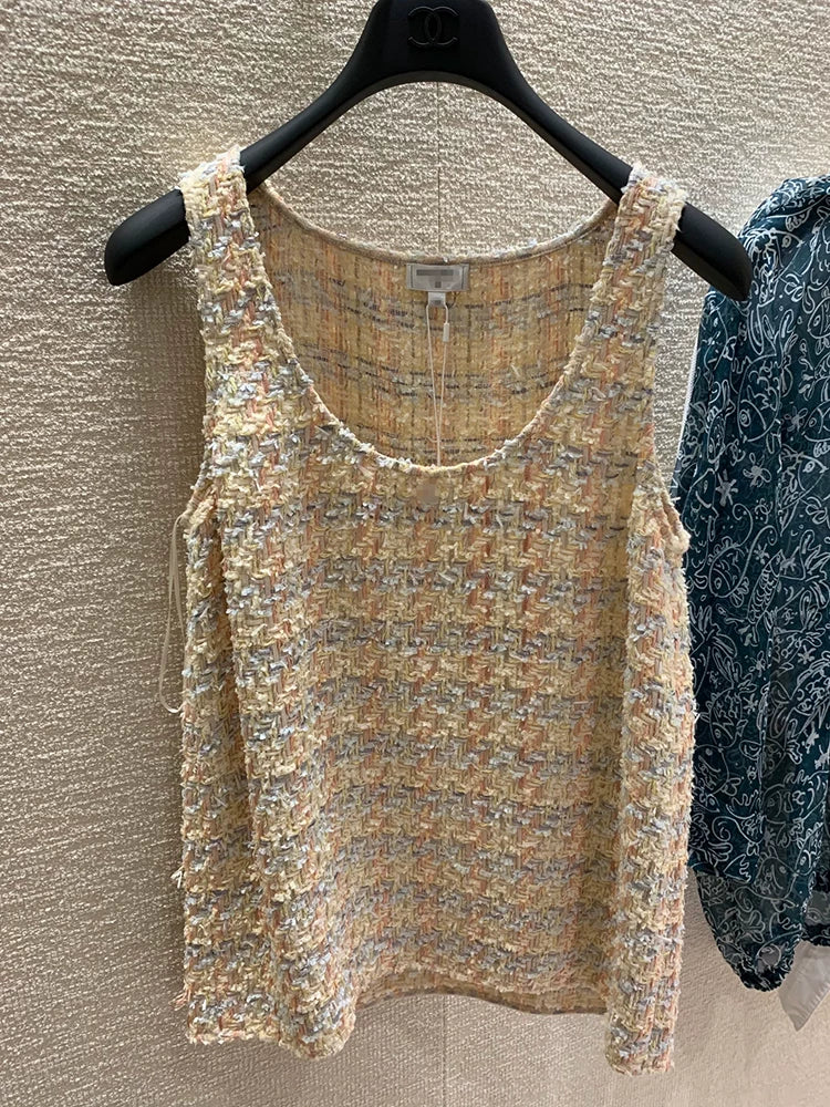 25 Spring and Summer New Vest Women's Sleeveless Suspender Inner Wool Tweed Thin Top Celebrity Women's Clothing