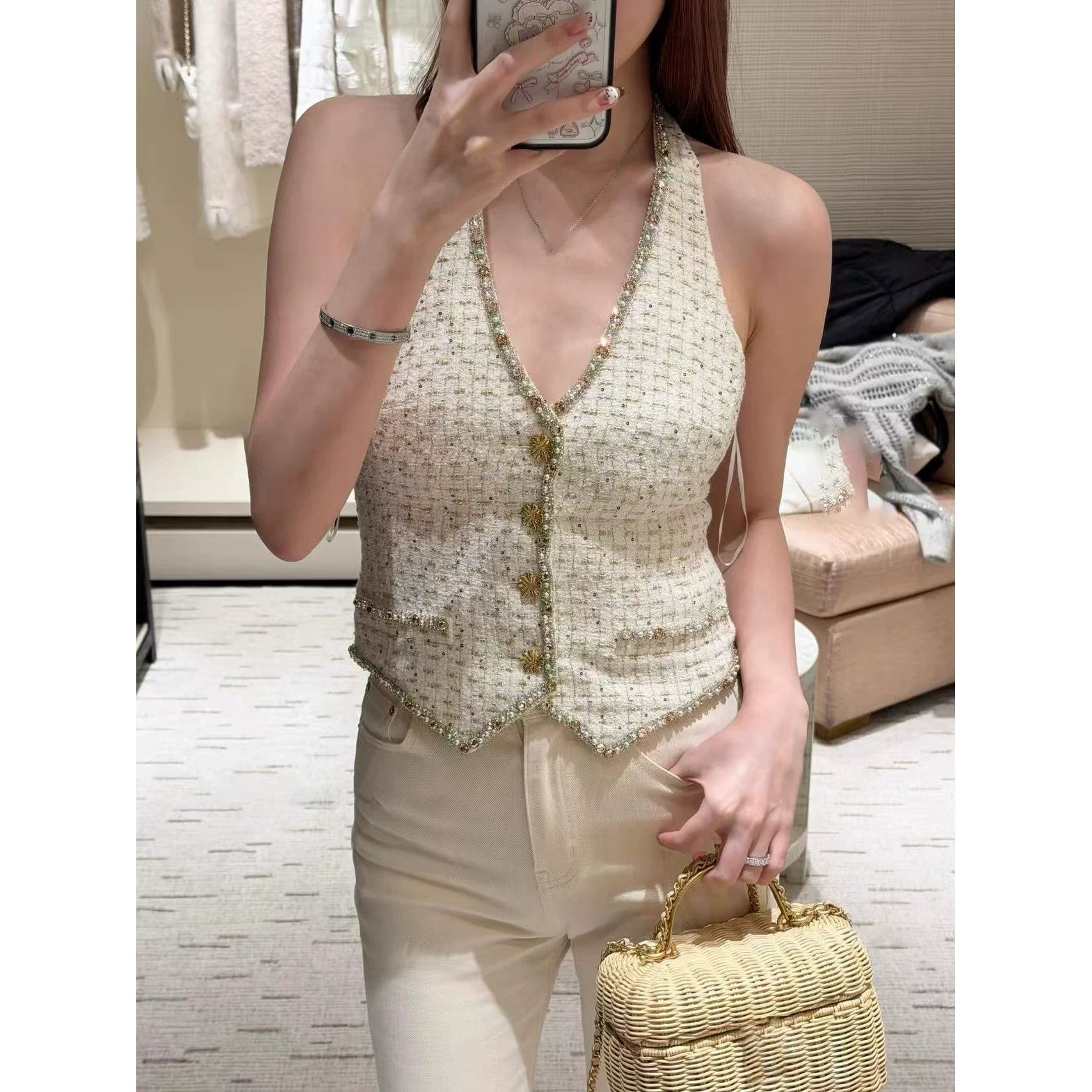 2026 early spring French high-end heavy industry beads pure desire wind neck slim and thin sleeveless vest suspender top