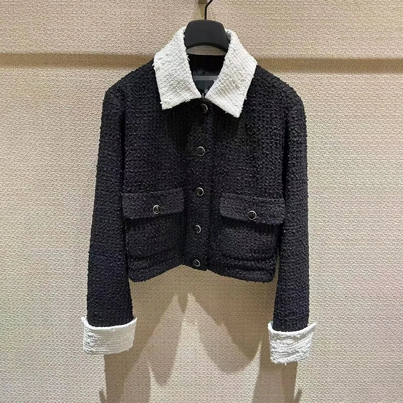 Fake two small fragrant coats female chic socialite new black and white contrasting color long-sleeved wool early autumn tweed short top