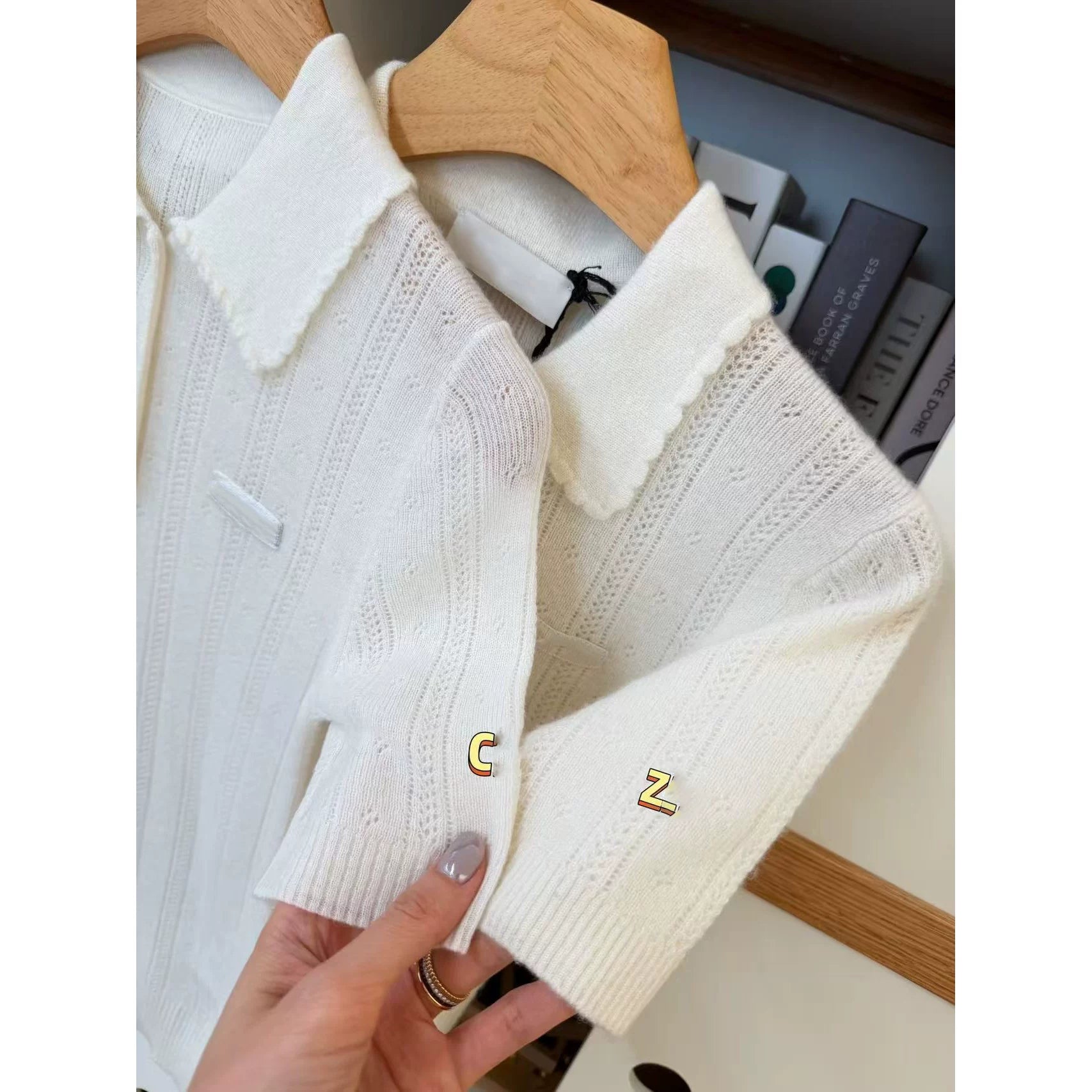 2025 autumn and winter college style letter embroidery polo collar slim and thin single-breasted cashmere knitted long-sleeved cardigan women