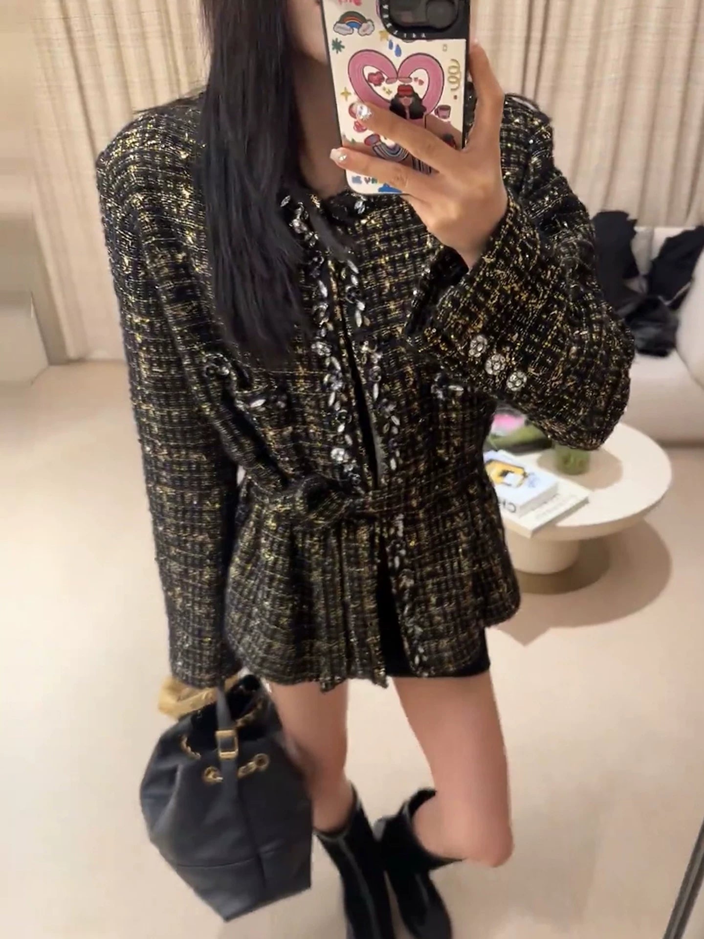 Black gold coat autumn and winter high-end temperament celebrity heavy industry ordered diamonds light luxury tweed big swing skirt women