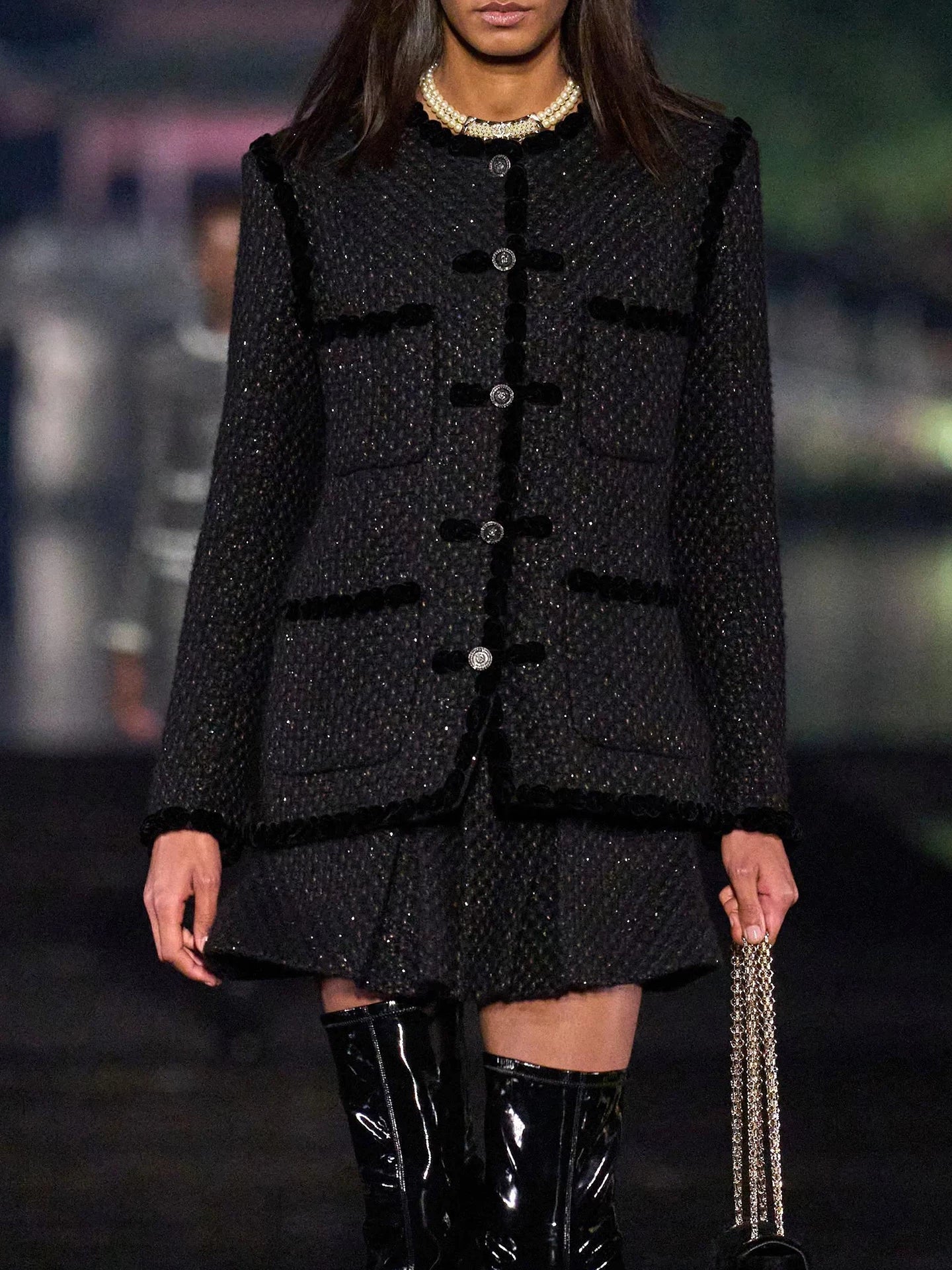 Dress women's light luxury high sense autumn and winter new wool suit national style buckle black gold coat versatile