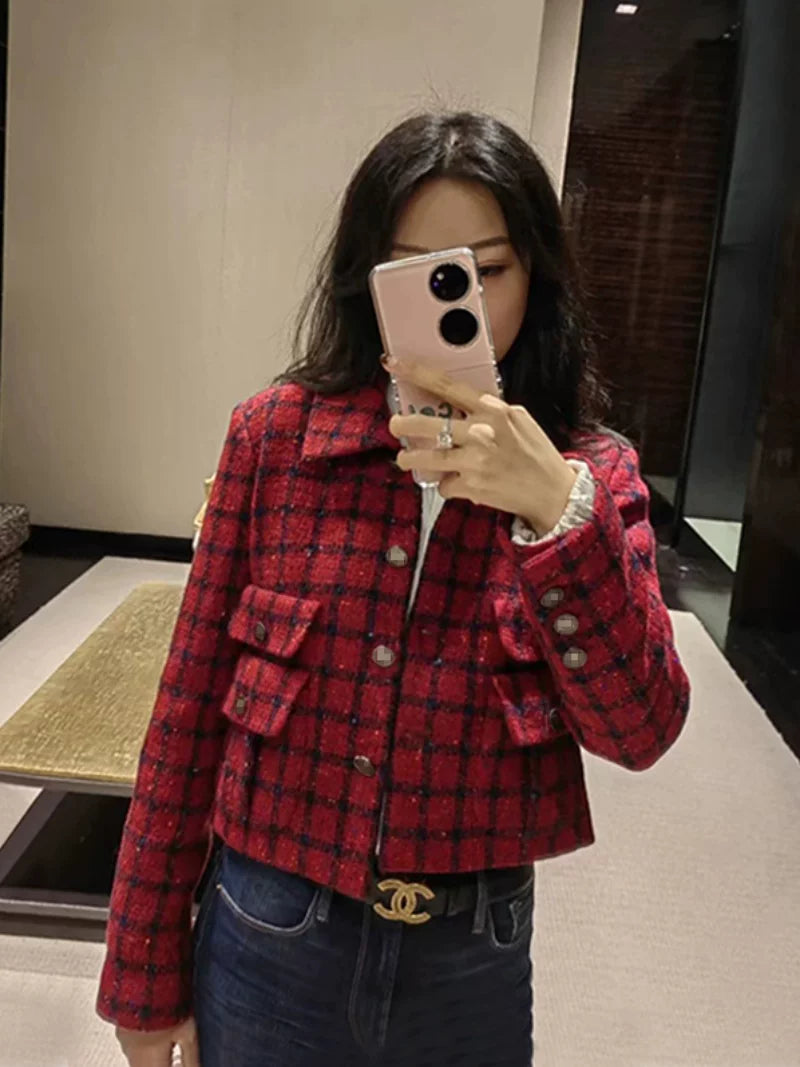 Red plaid set women's coat skirt 25 autumn and winter new wool thickened coarse tweed two-piece set