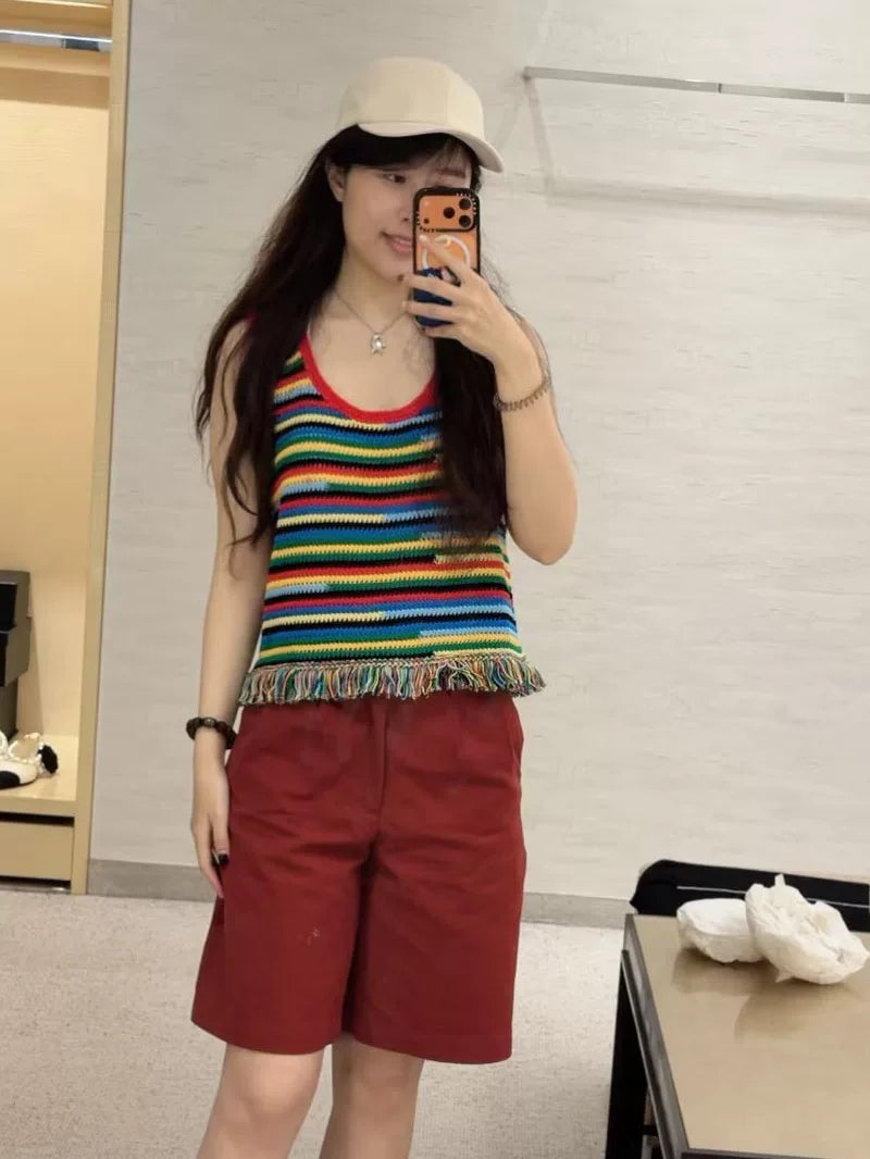 Spring and summer 26ss June, Nanyou 2026 spring and summer new color striped unique fringed versatile fashion knitted vest suspender + skirt