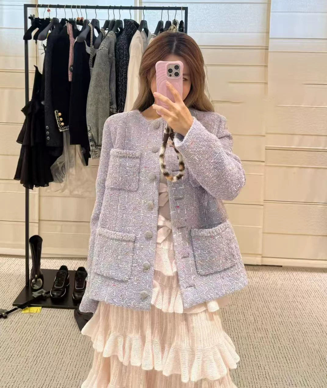 2025 autumn and winter purple letter color versatile double pocket crew neck woven wool tweed medium and long coat women