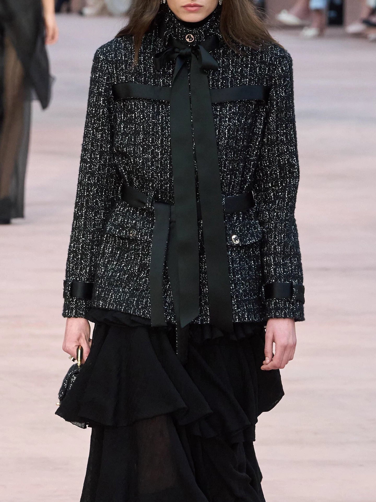 Black tweed stand-up collar jacket women's medium and long ribbon collar waist lady coat new for autumn and winter