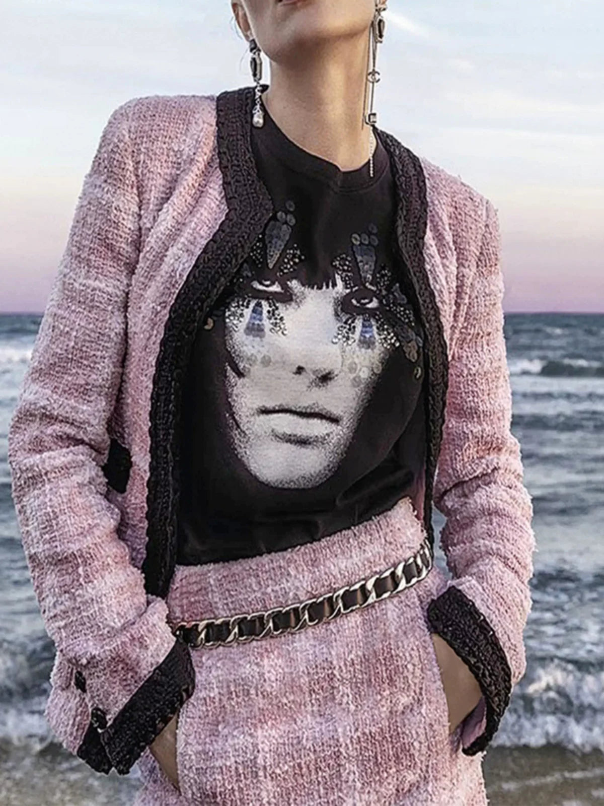 25 short coat and skirt women's new two-piece set vacation series pink tweed splicing spring and autumn set