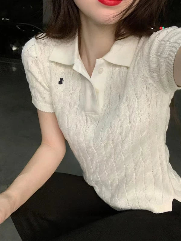 Spring and summer 26ss June, Nanyou haute couture 26 spring and summer new pony embroidered lapel twisted knitted sweater age-reducing style versatile short-sleeved top women