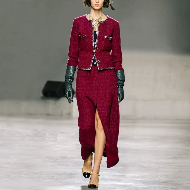 Burgundy plaid short coat women's spring and autumn Christmas and New Year coarse flower padded wool woven top