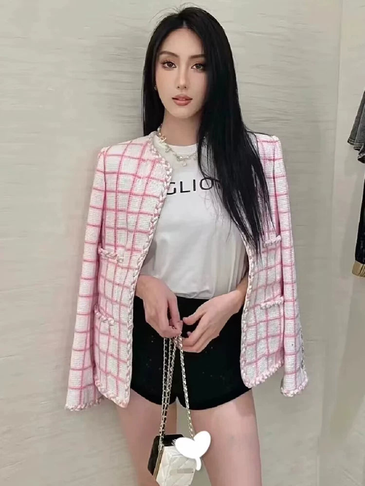 Chic celebrity coat women, high-end short pink plaid cardigan crew neck top temperament women's clothing