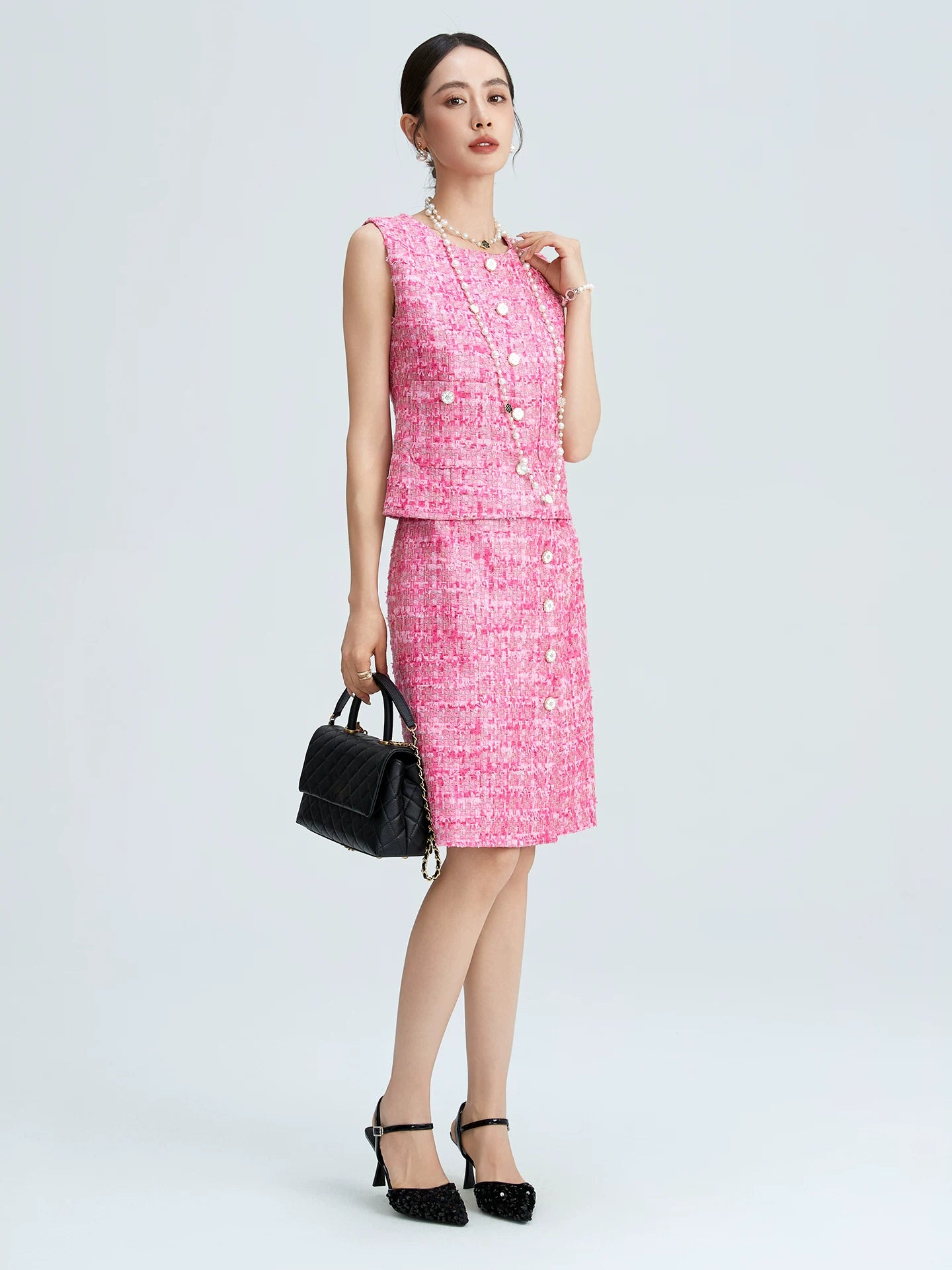 Pink tweed celebrity suit elegant temperament vest vest skirt high-end temperament suit