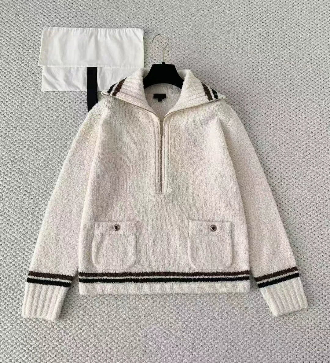 2025 autumn and winter foreign style ski bow v-neck half zipper knitted long-sleeved cardigan + high waist skirt women's suit