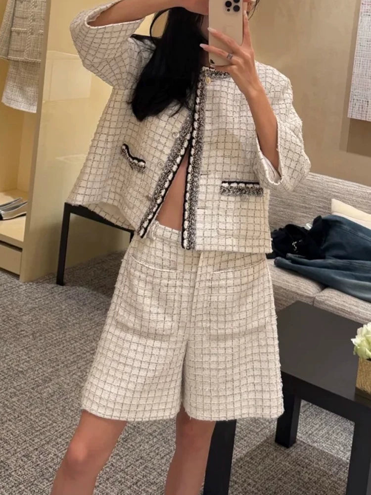 Early spring new shorts women's tweed plaid wide-leg pants temperament versatile and thin high-end women's clothing