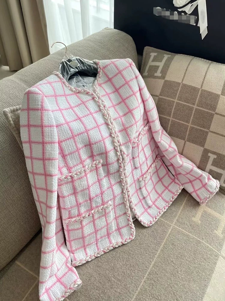Chic celebrity coat women, high-end short pink plaid cardigan crew neck top temperament women's clothing