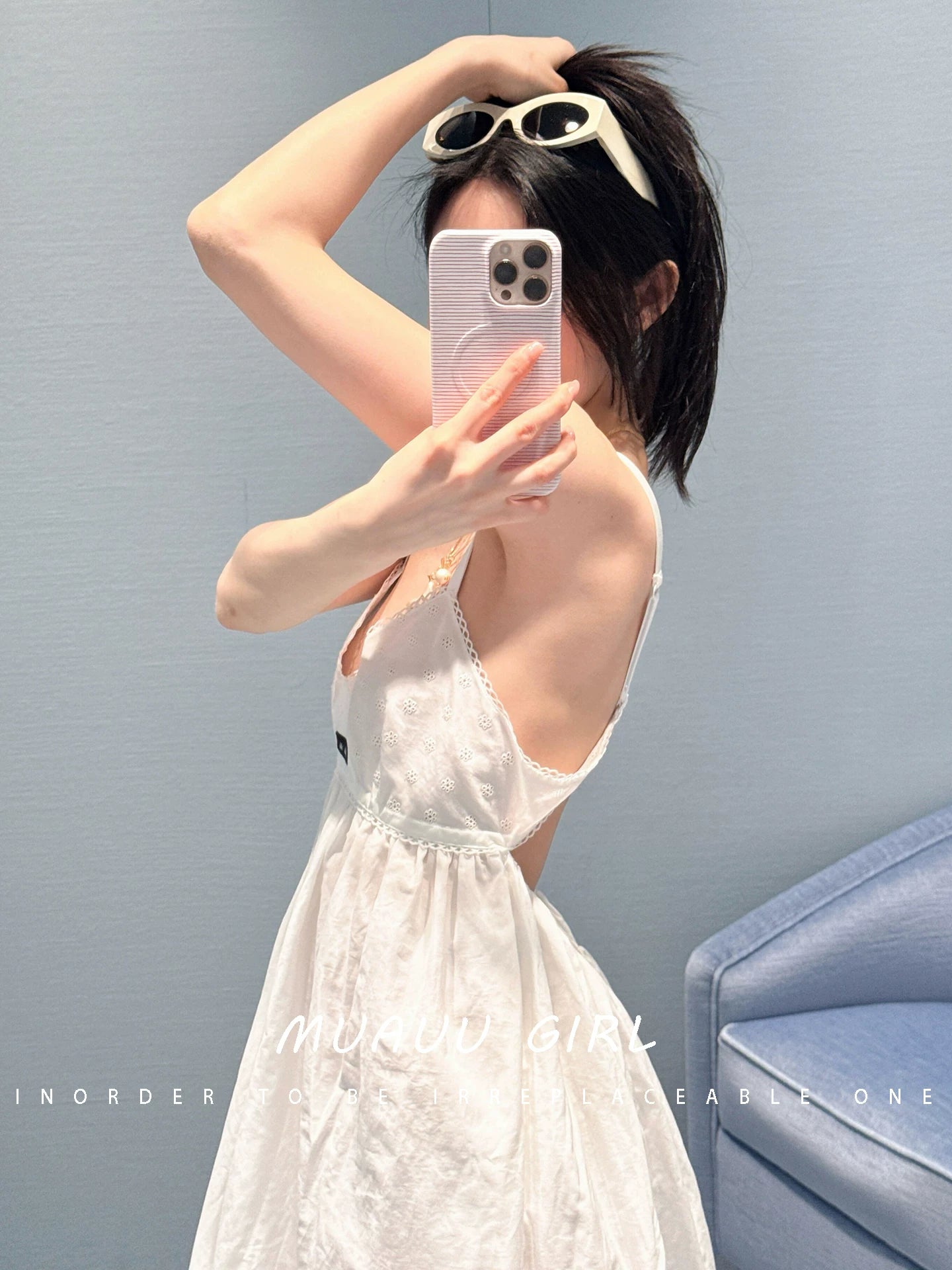 Spring and summer 26ss June MUAUU GIRL film fairy! 26SS girly poplin crochet hollow embroidery suspender dress woman
