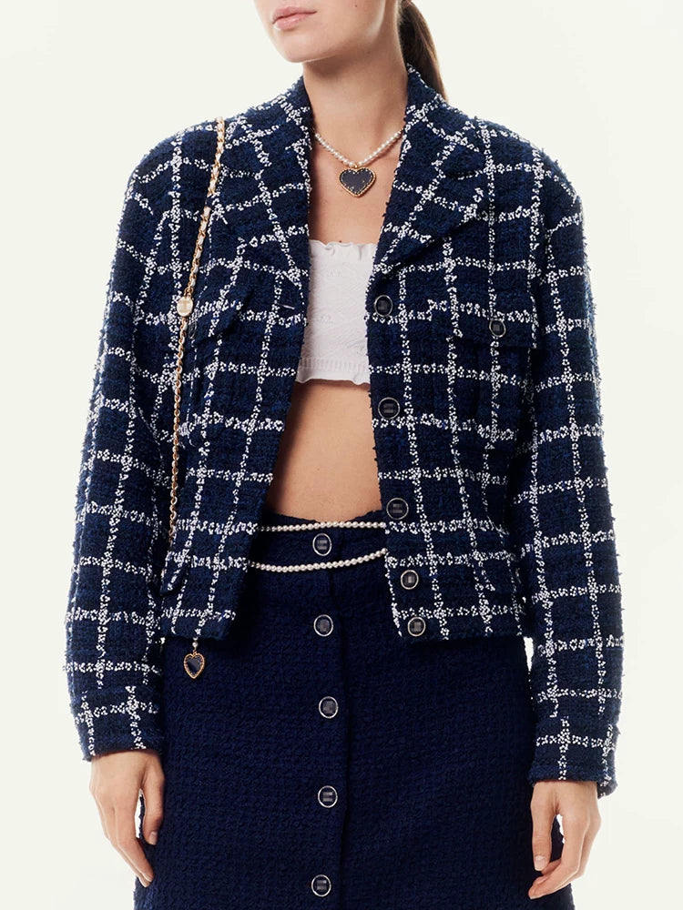 25 New suit jacket jacket skirt button skirt dark blue twill woven soft tweed two pieces