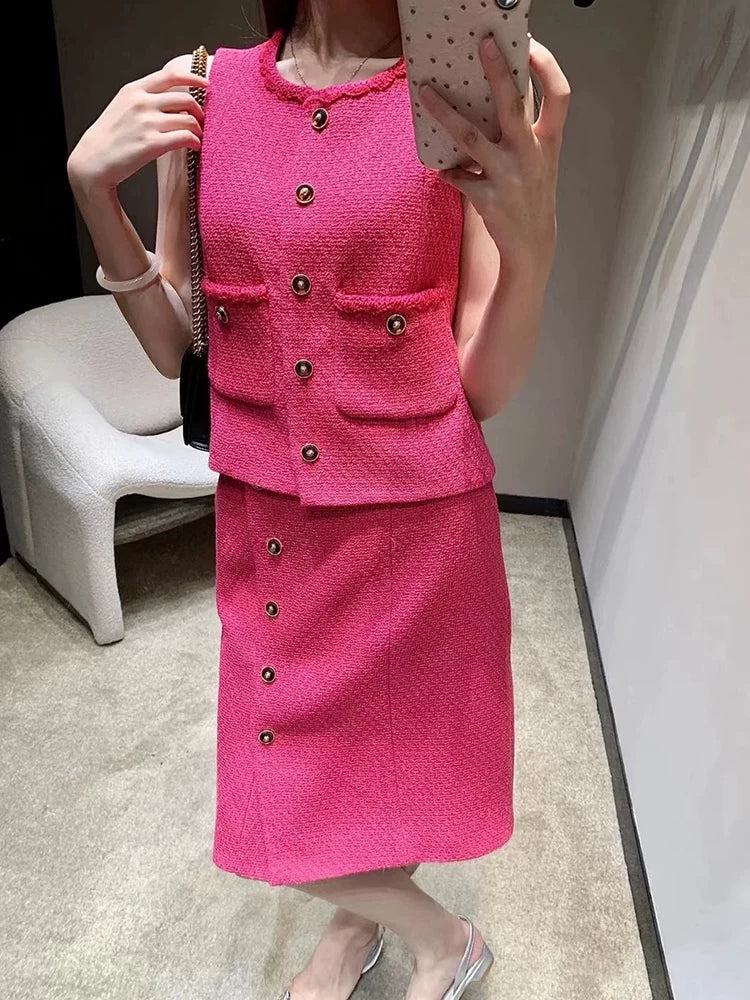 25 coats, women's stand-up collar, short skirts, vest sets, wool tweed, rose red, celebrity temperament women's clothing