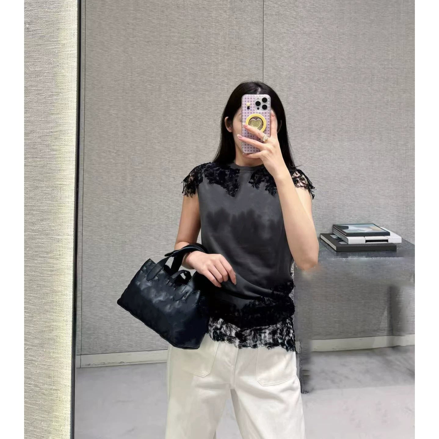 2025 autumn and winter heavy industry design high-grade lace asymmetrical splicing slim-fitting sleeveless vest T-shirt top women