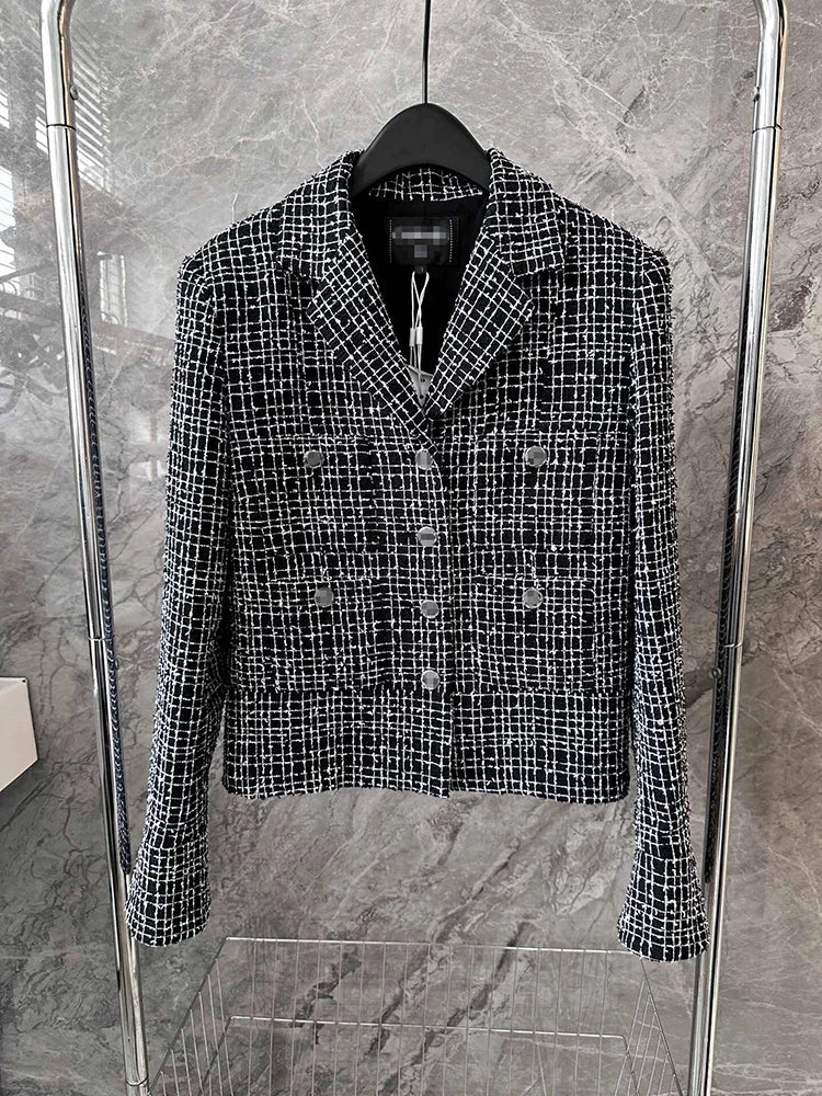 24 Spring and Autumn New Celebrity Temperament Plaid Jacket Women's Suit Collar Short Superior Tweed Wool