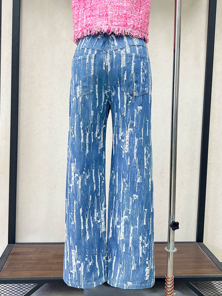 French retro jeans women's 2025 summer loose straight trousers wide-leg trousers snakeskin pattern personalized trendy trousers