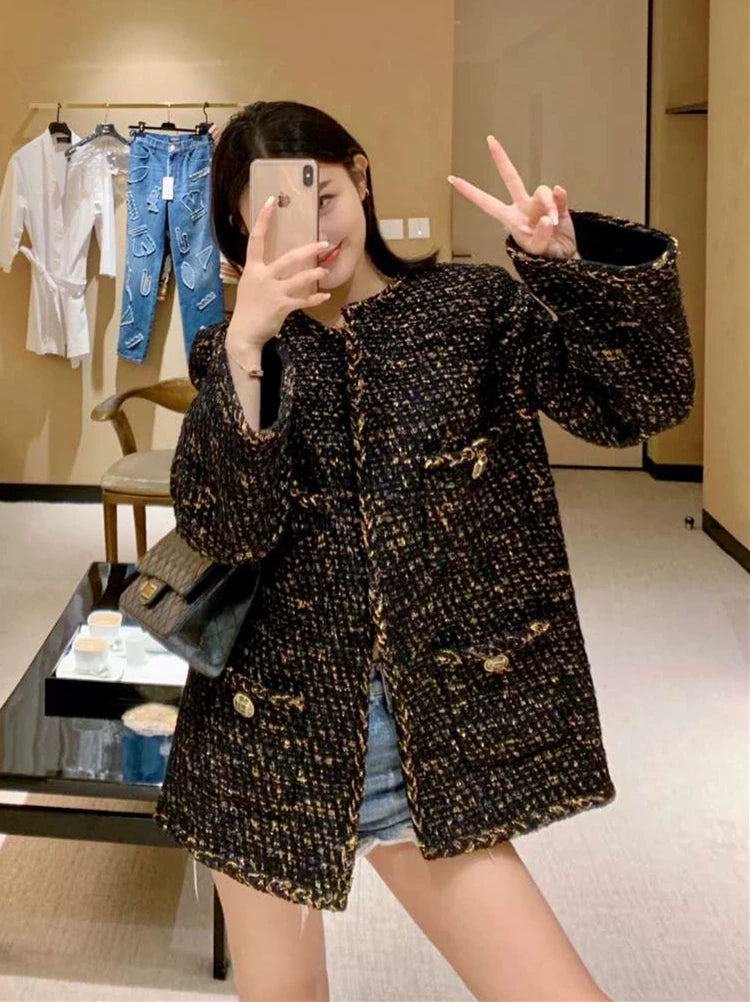 Black gold coat, socialite spring new Chen Weiting wool thickened loose padded coarse tweed top